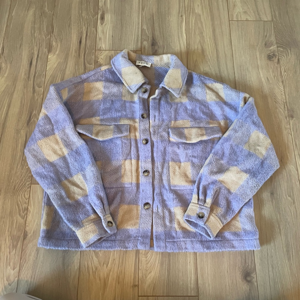 Women’s Plaid Button-Up crop Jacket in Lavender and Cream